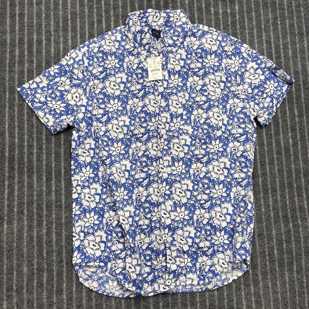 J.Crew Mens Short Sleeve Floral Button Down Shirt M Blue White Linen BN322